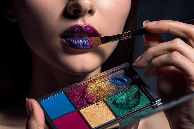Illustration von einer Frau, die mit einem feinen Pinsel Lidschatten aus einer Palette auftupft, um daraus einen einzigartigen Lippenton zu kreieren.