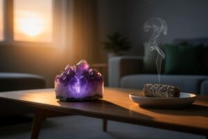 Illustration von einer modernen Wohnung mit integrierten esoterischen Gegenständen wie Kristallen und einer Räucherschale auf einem Tisch, während schematische Linien psychologische Effekte wie Entspannung und Fokus symbolisieren.