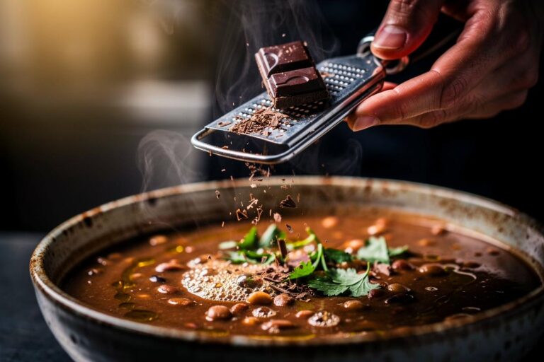 Illustration von einer Kochhand, die ein Stück dunkle Schokolade über einem dampfenden Topf mit Bohnensuppe reibt.