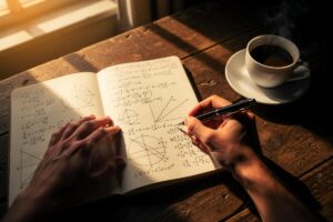 Illustration von einer Person, die morgens an einem Schreibtisch mit einer Tasse Kaffee und einem Notizbuch sitzt und eine Matheaufgabe löst, während im Hintergrund symbolisch ein aktiviertes Gehirn mit leuchtenden Verbindungen zu sehen ist.