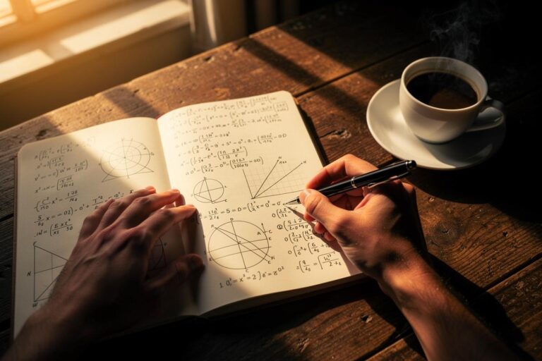 Illustration von einer Person, die morgens an einem Schreibtisch mit einer Tasse Kaffee und einem Notizbuch sitzt und eine Matheaufgabe löst, während im Hintergrund symbolisch ein aktiviertes Gehirn mit leuchtenden Verbindungen zu sehen ist.