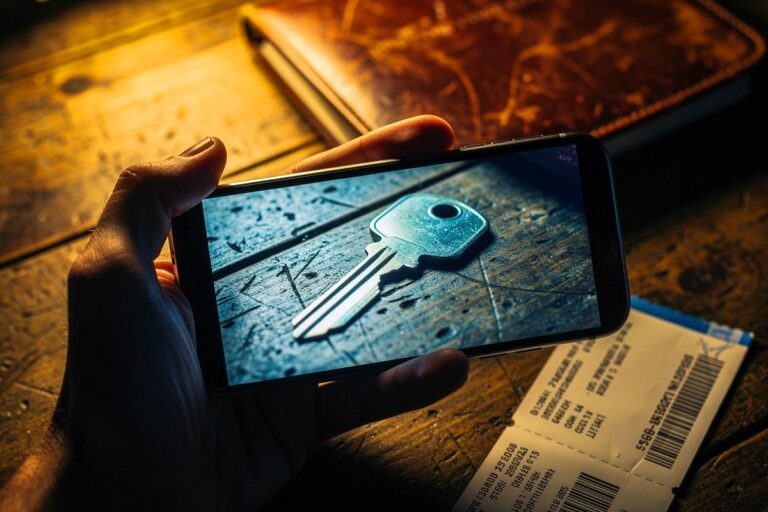 Illustration von einem Smartphone, auf dessen Bildschirm ein Foto eines Haustürschlüssels zu sehen ist, daneben ein Koffer als Symbol für Reisen.