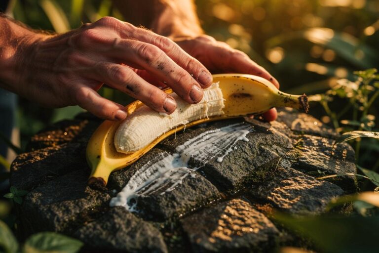 Illustration von einer Person, die eine Bananenschale über einen Pflasterstein reibt, um ihn zu reinigen und zu pflegen.