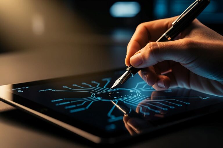 Illustration einer Hand, die mit einer klassischen Füllfeder auf dem beleuchteten Display eines Tablet-Computers schreibt.