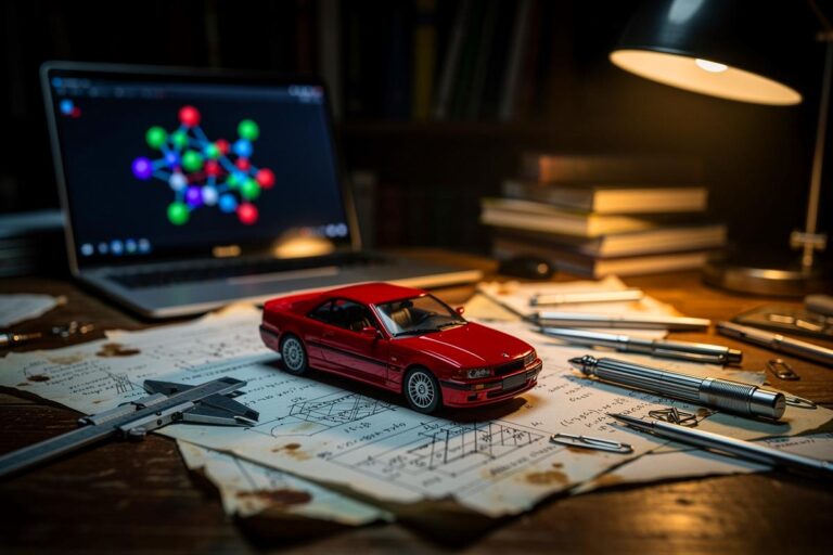 Illustration von bunten Spielzeugautos und Bauklötzen, die zwischen wissenschaftlichen Papieren und einem Laptop auf einem Schreibtisch arrangiert sind.