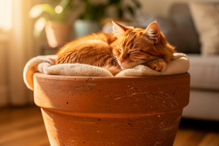 Illustration von einer Katze, die entspannt in einem großen Terrakotta-Pflanzentopf schläft, der mit einer weichen Decke ausgepolstert ist.