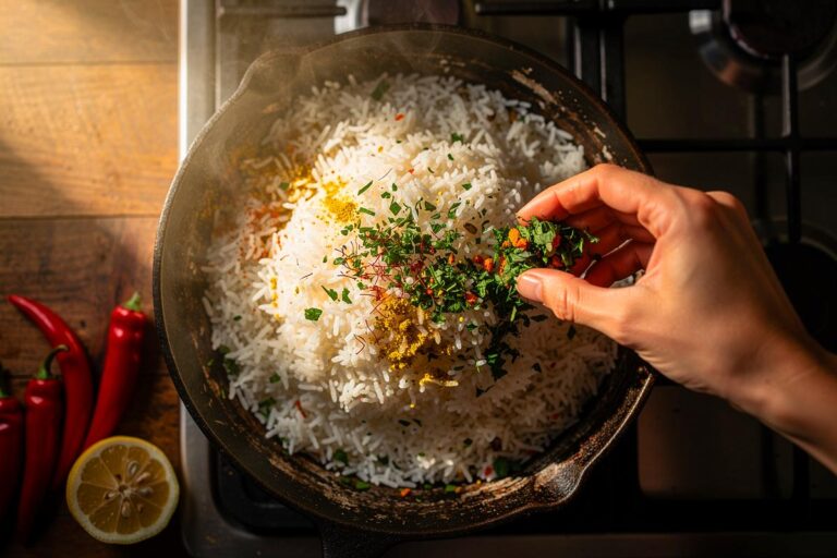 Illustration von einer Person, die in einer Pfanne auf dem Herd Reis kocht, umgeben von Gewürzen und frischem Gemüse.