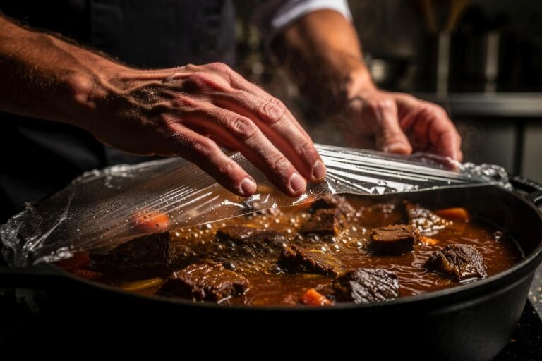 Illustration von einer Hand, die eine glatt auf die Oberfläche eines dampfenden Eintopfs gelegte Plastikfolie andrückt, während darunter Röstaromen entstehen.