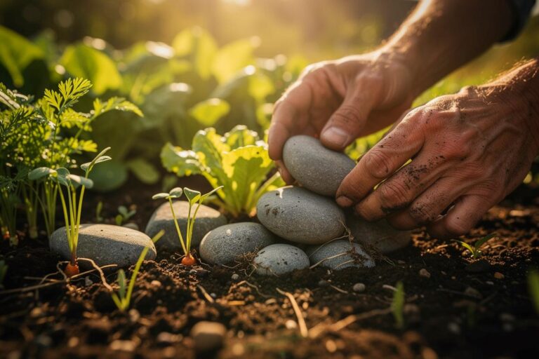 Illustration von einer Hand, die Kieselsteine in ein üppiges Gemüsebeet mit jungen Pflanzen streut.