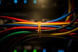 Illustration von einem Serverrack mit einem Bündel Kabeln, das von einer trockenen Spaghetti-Nudel zusammengehalten wird, vor einem Hintergrund aus High-Tech-Schaltkreisen und einer Packung Spaghetti.