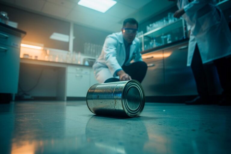 Illustration von Wissenschaftlern, die in einem sterilen Labor Keksdosen über den Boden rollen, während sie konzentriert ihre Umgebung ignorieren.